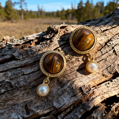 Vintage Tiger Eye & Pearl Drop Earrings