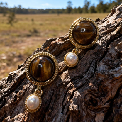 Vintage Tiger Eye & Pearl Drop Earrings