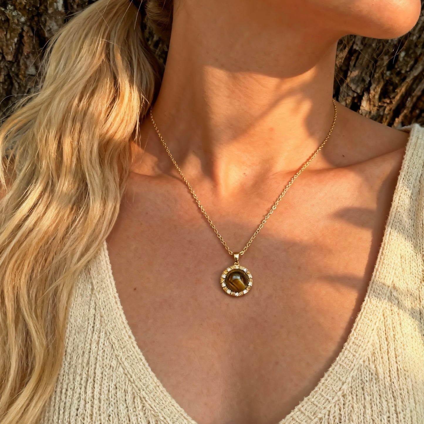 Tiger Eye Crystal Halo Pendant Necklace