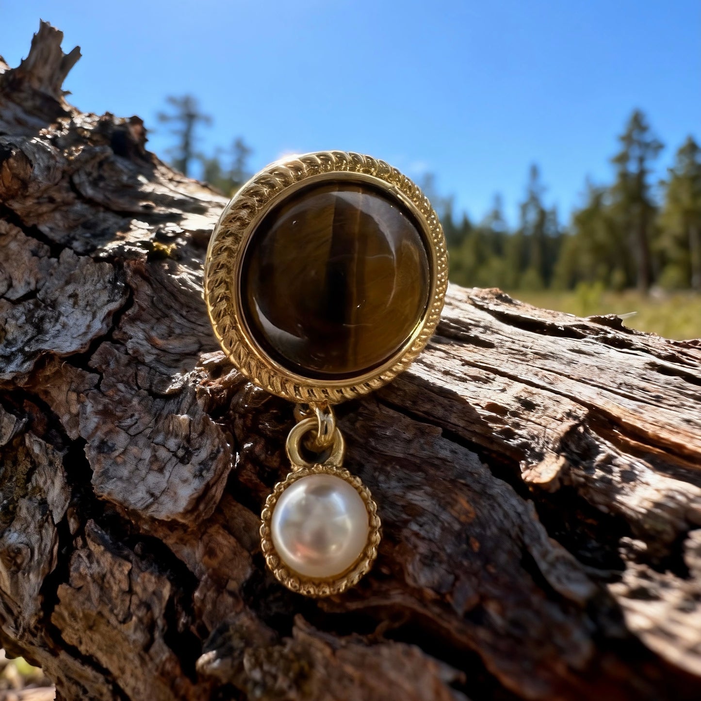 Vintage Tiger Eye & Pearl Drop Earrings