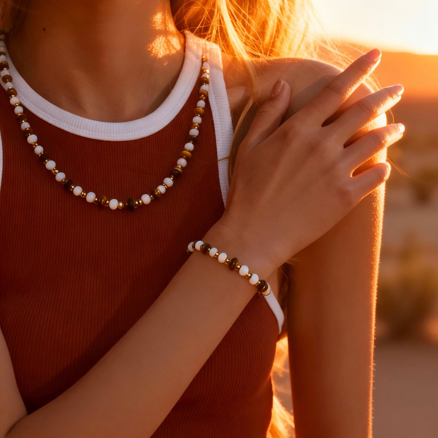White Bead & Tiger Eye Jewelry Set