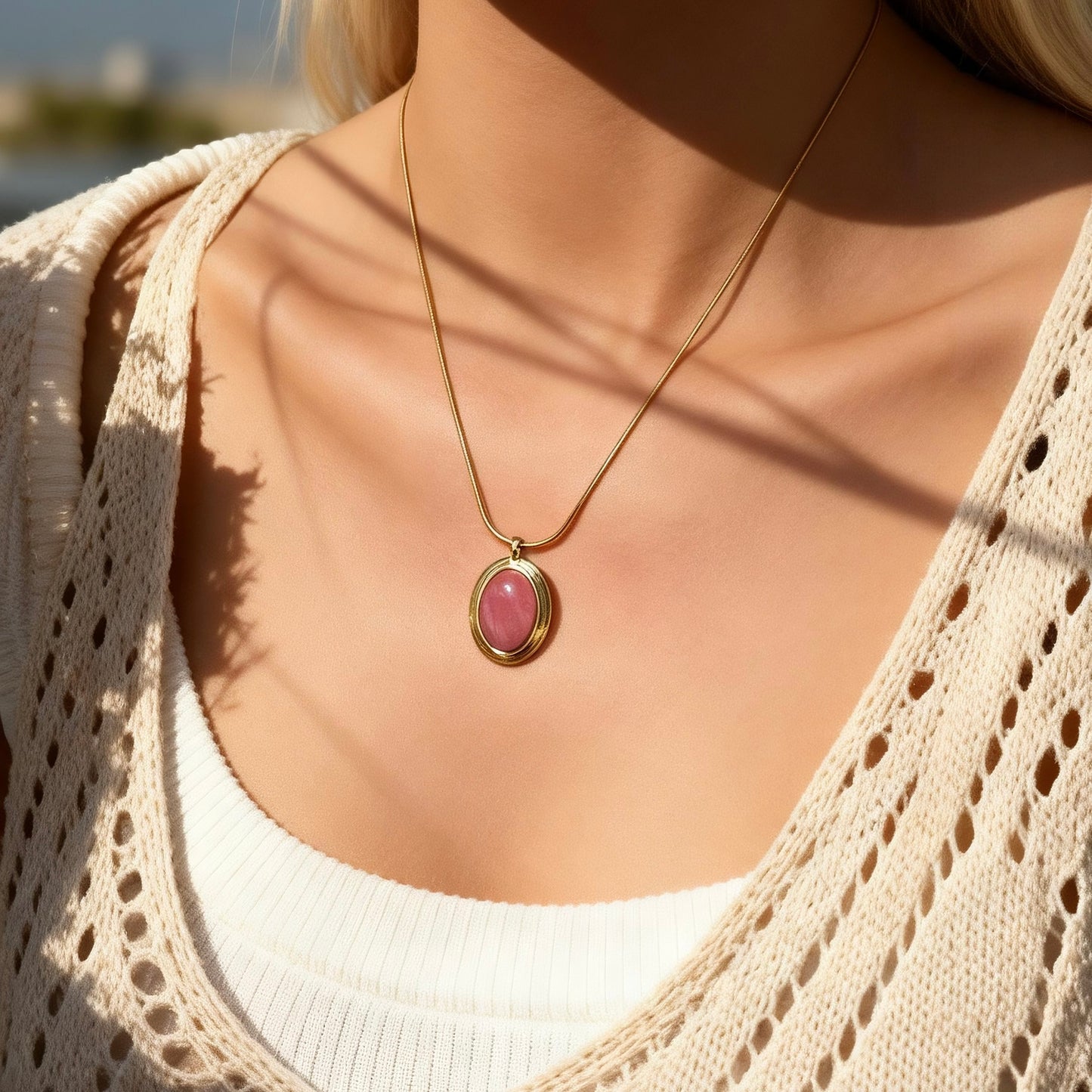 Pink Stone Oval Pendant Necklace