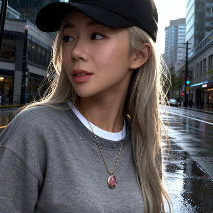 Pink Stone Oval Pendant Necklace