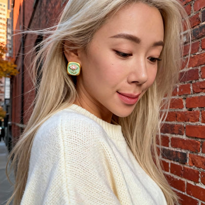 Green Jade Blossom Pearl Earrings