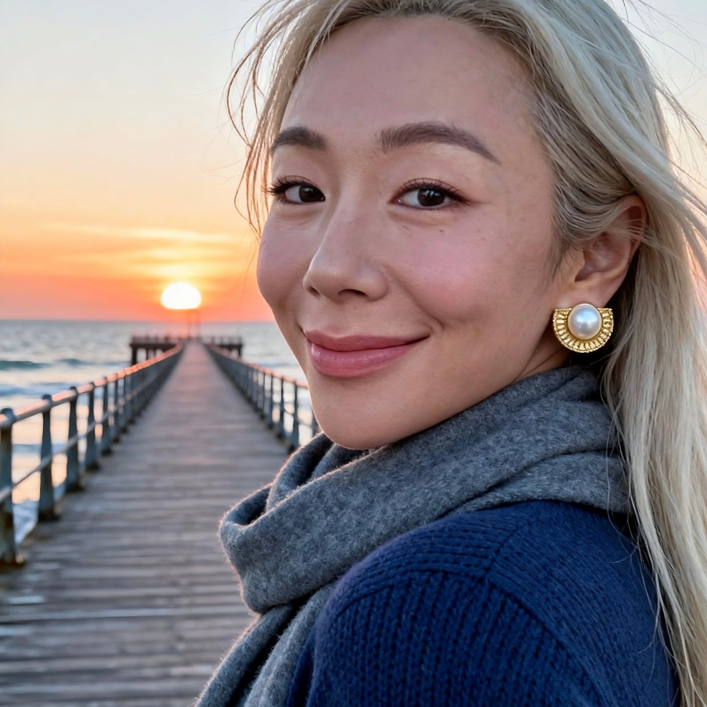 Vintage Gold Half-Moon Pearl Stud Earrings