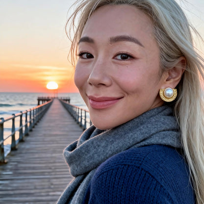 Vintage Gold Half-Moon Pearl Stud Earrings