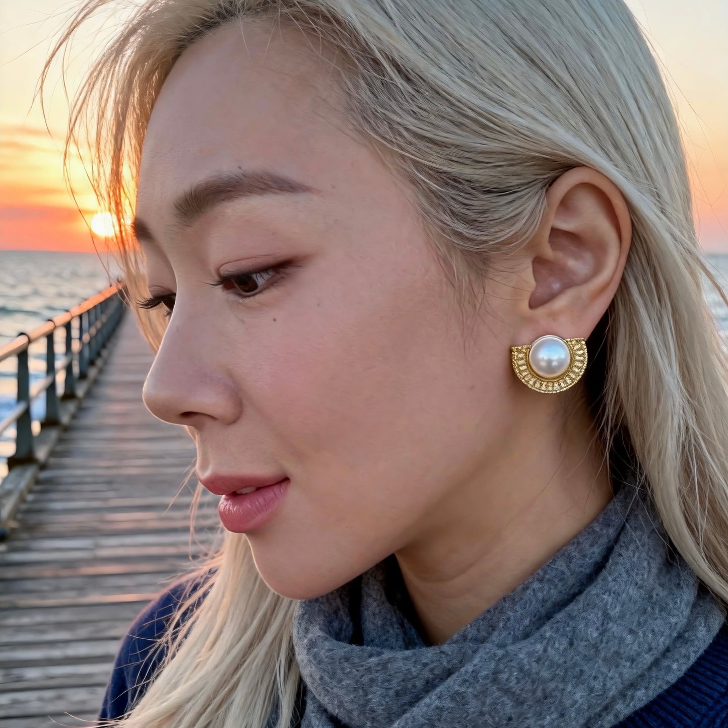 Vintage Gold Half-Moon Pearl Stud Earrings