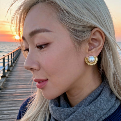 Vintage Gold Half-Moon Pearl Stud Earrings