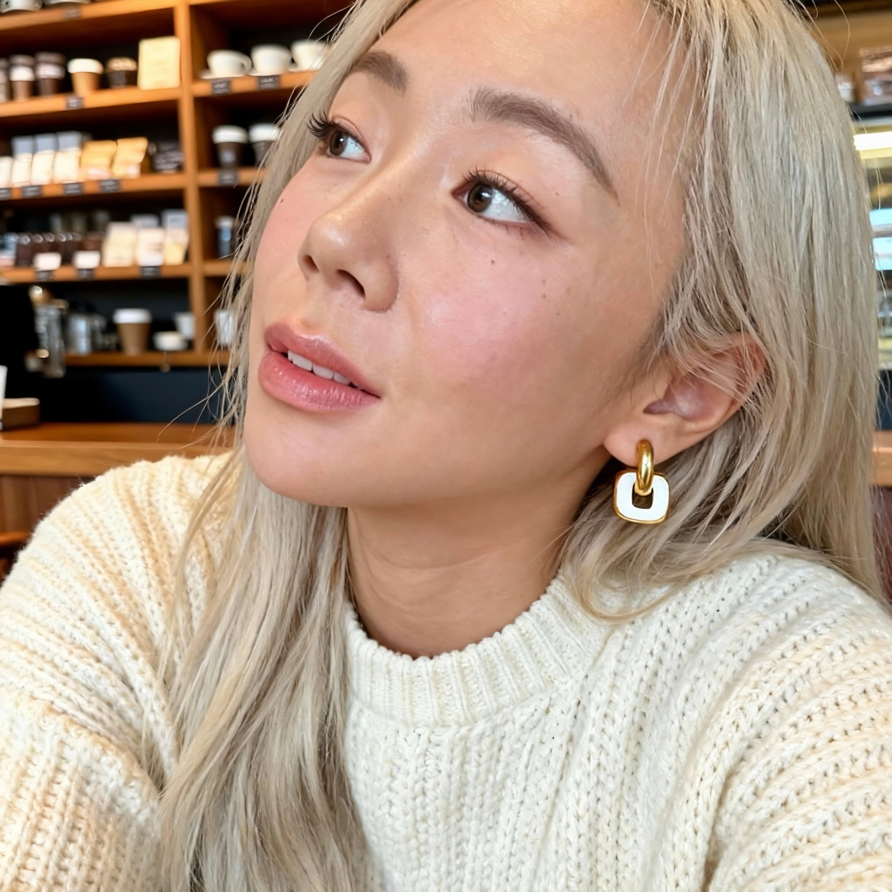 Gold & White Linked Hoop Earrings