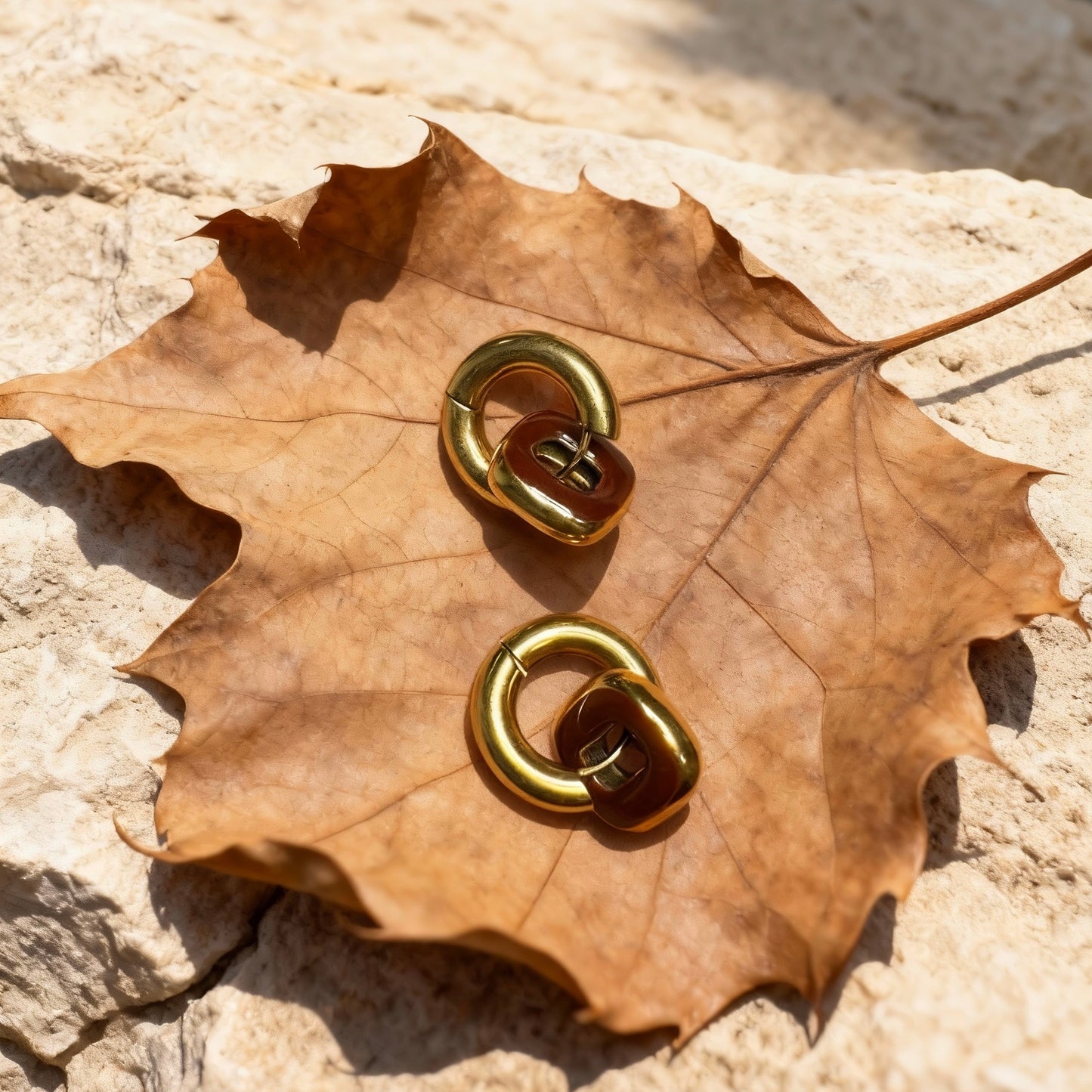 Gold & Red Brown Linked Hoop Earrings