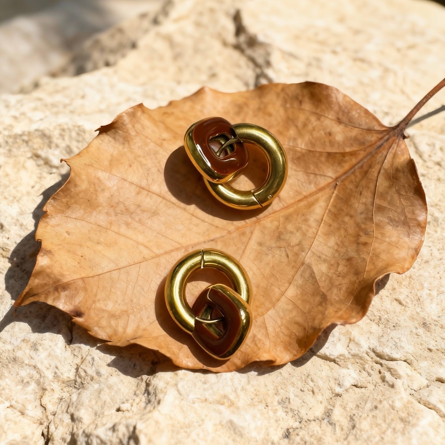Gold & Red Brown Linked Hoop Earrings