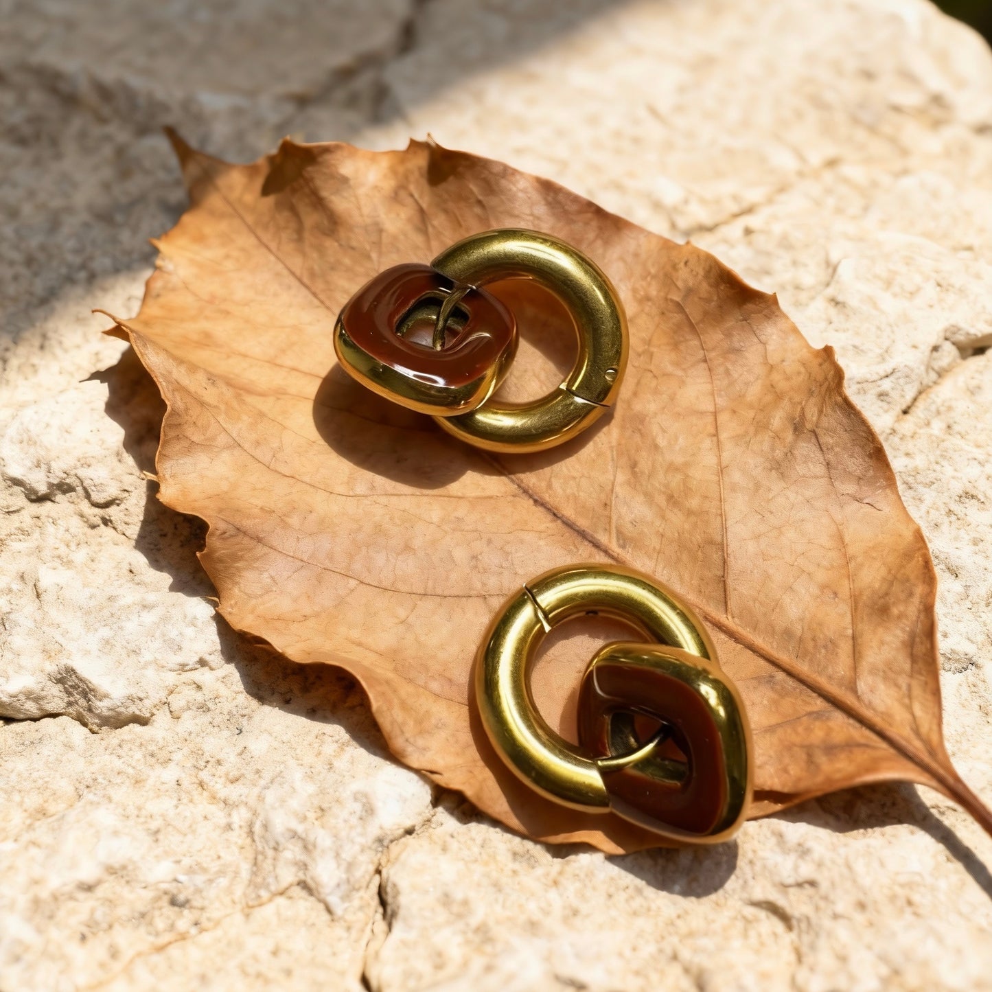 Gold & Red Brown Linked Hoop Earrings