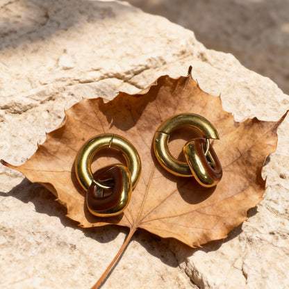 Gold & Red Brown Linked Hoop Earrings