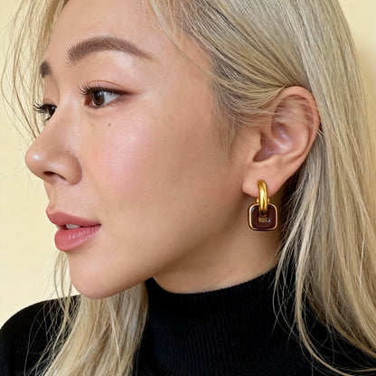 Gold & Red Brown Linked Hoop Earrings