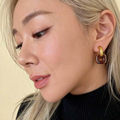 Gold & Red Brown Linked Hoop Earrings