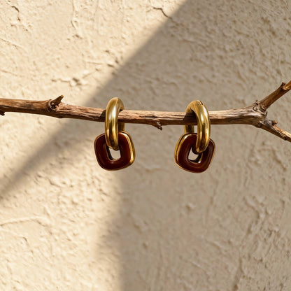 Gold & Red Brown Linked Hoop Earrings