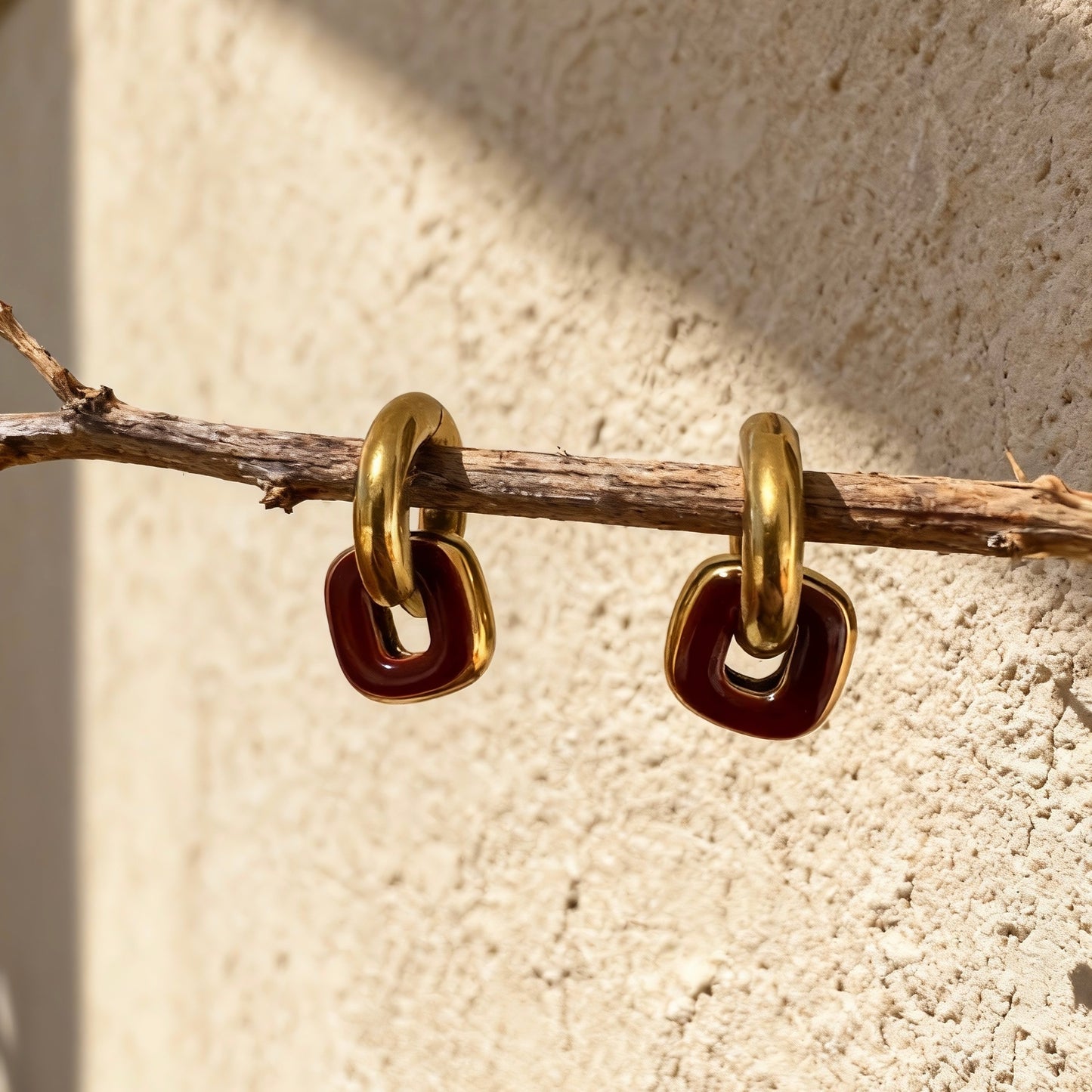 Gold & Red Brown Linked Hoop Earrings