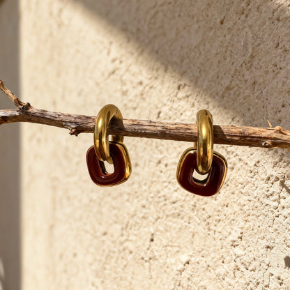 Gold & Red Brown Linked Hoop Earrings