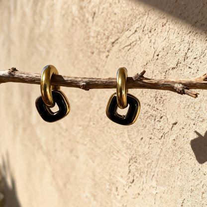 Gold & Black Linked Hoop Earrings
