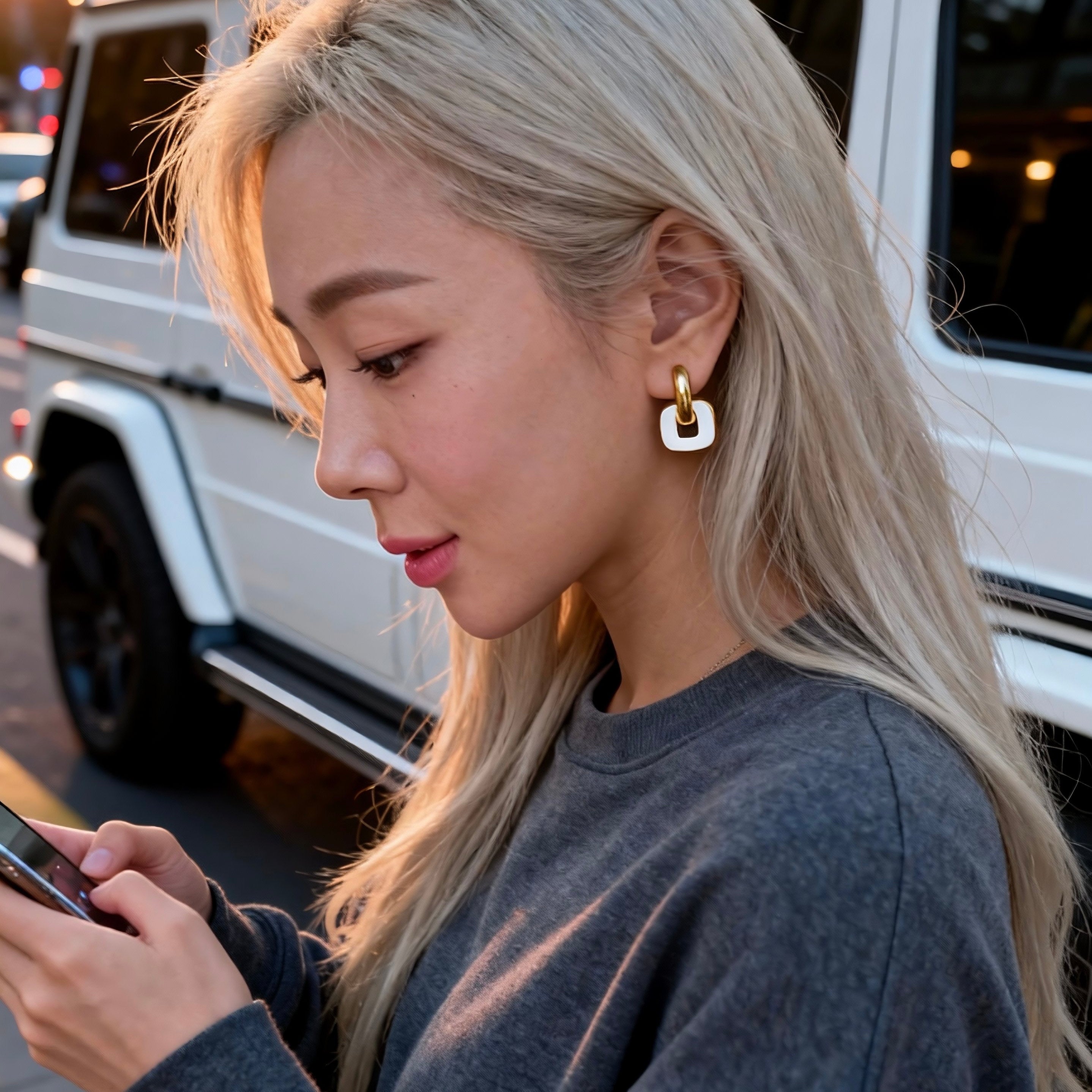 Gold & White Linked Hoop Earrings