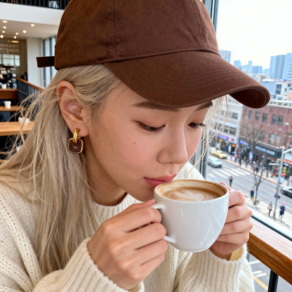 Gold & Red Brown Linked Hoop Earrings