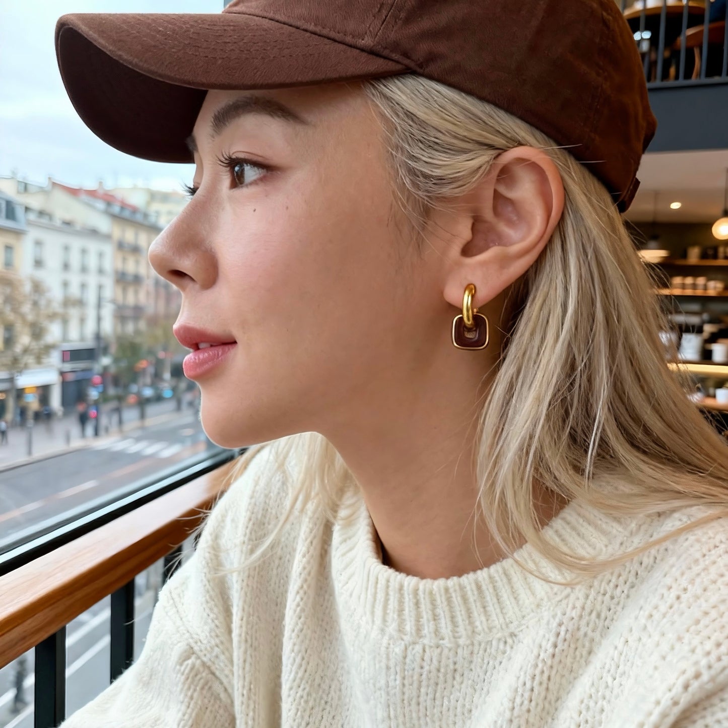 Gold & Red Brown Linked Hoop Earrings
