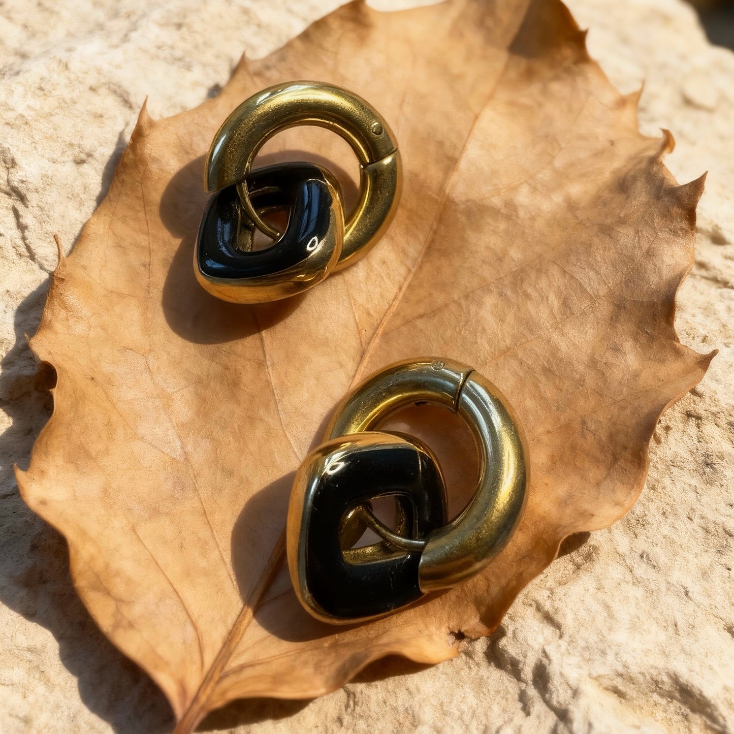 Gold & Black Linked Hoop Earrings