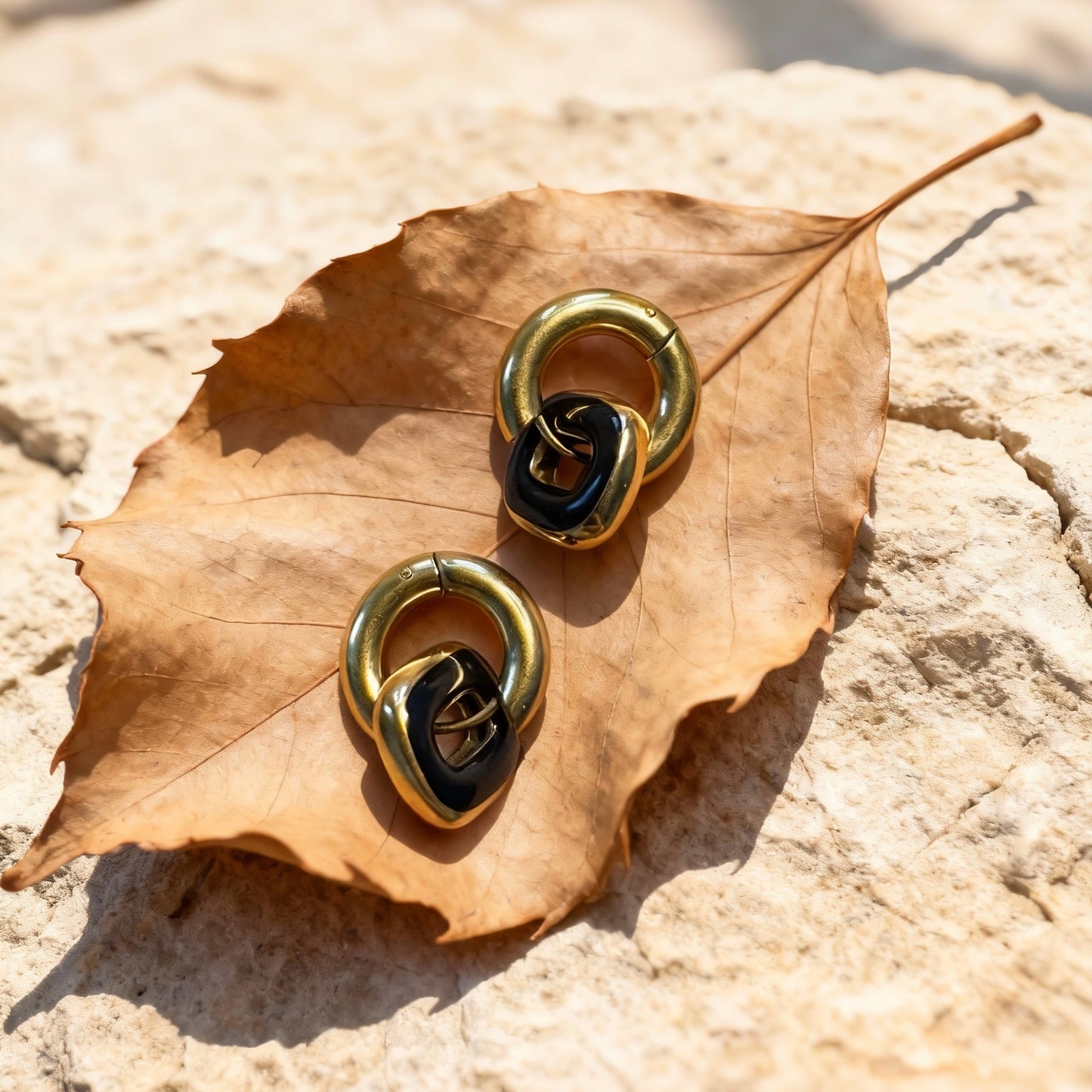 Gold & Black Linked Hoop Earrings