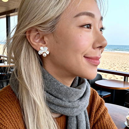 White Shell Petal Pearl Stud Earrings