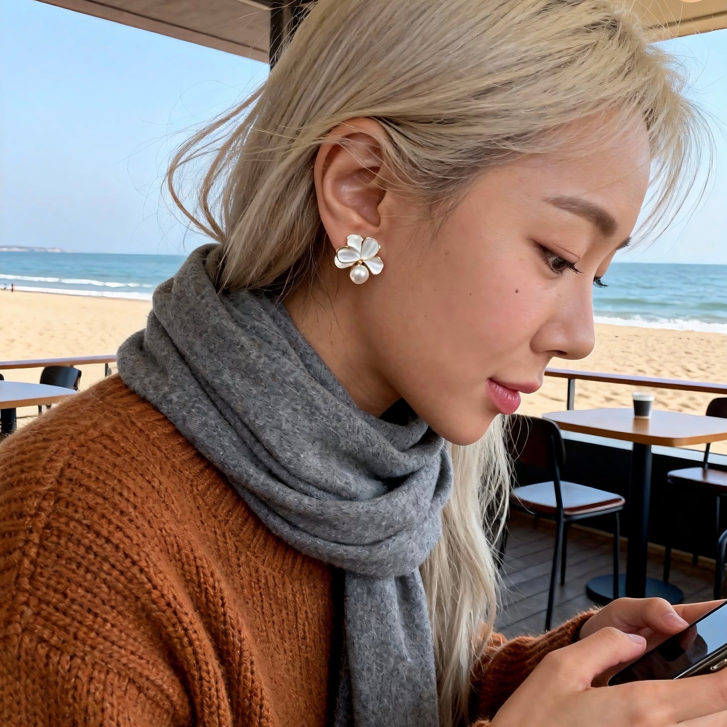 White Shell Petal Pearl Stud Earrings