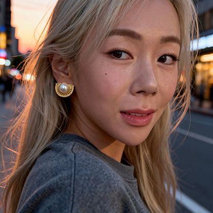 Vintage Gold Half-Moon Pearl Stud Earrings