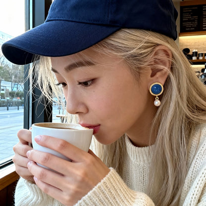 Blue Stone & Pearl Drop Earrings