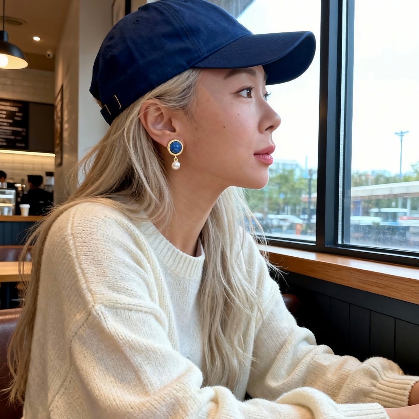 Blue Stone & Pearl Drop Earrings