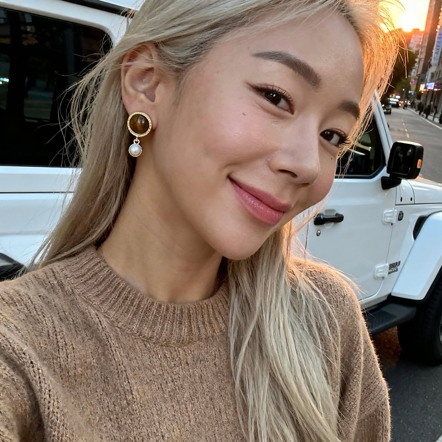 Vintage Tiger Eye & Pearl Drop Earrings