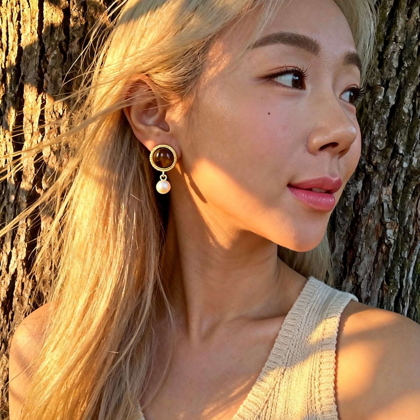 Vintage Tiger Eye & Pearl Drop Earrings