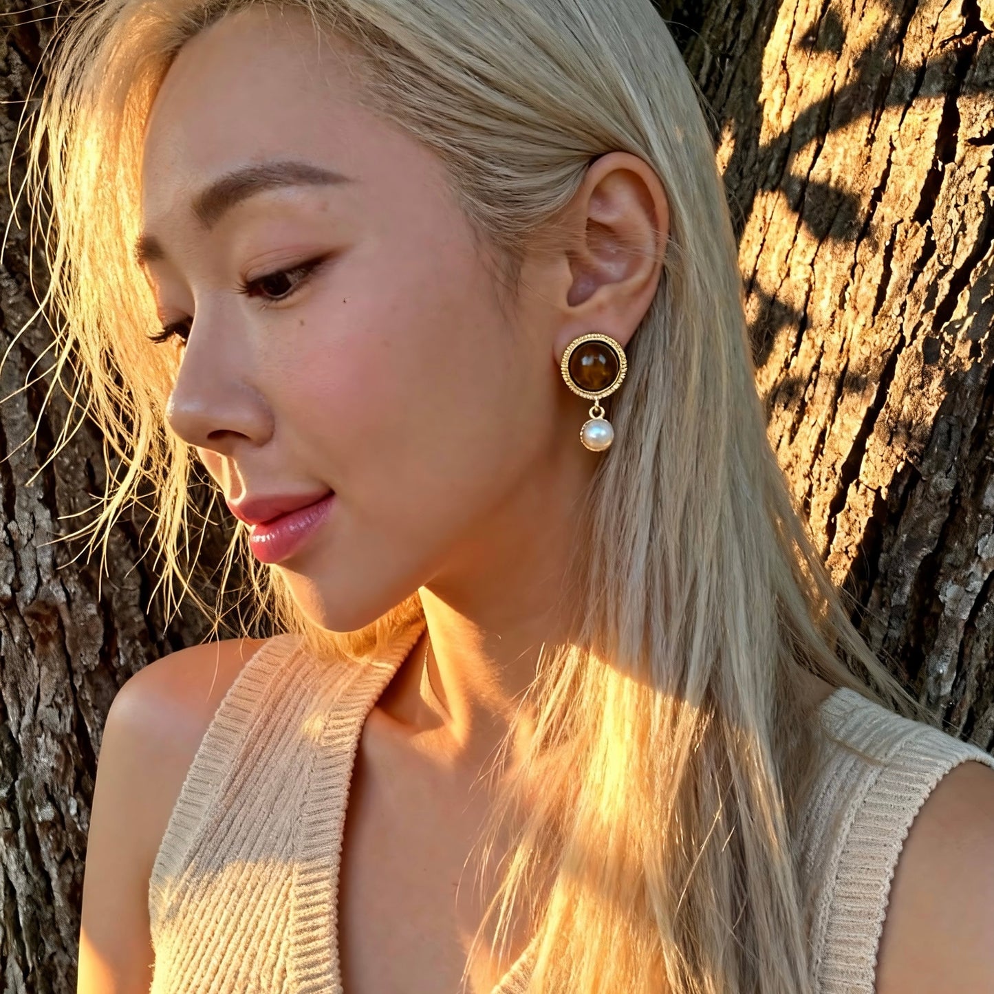 Vintage Tiger Eye & Pearl Drop Earrings