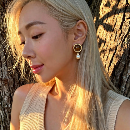 Vintage Tiger Eye & Pearl Drop Earrings