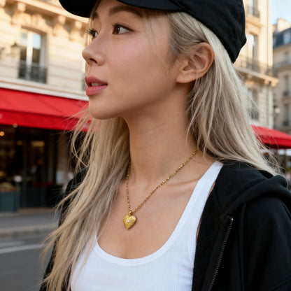 Gold Heart Textured Pendant Necklace