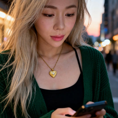 Gold Heart Textured Pendant Necklace