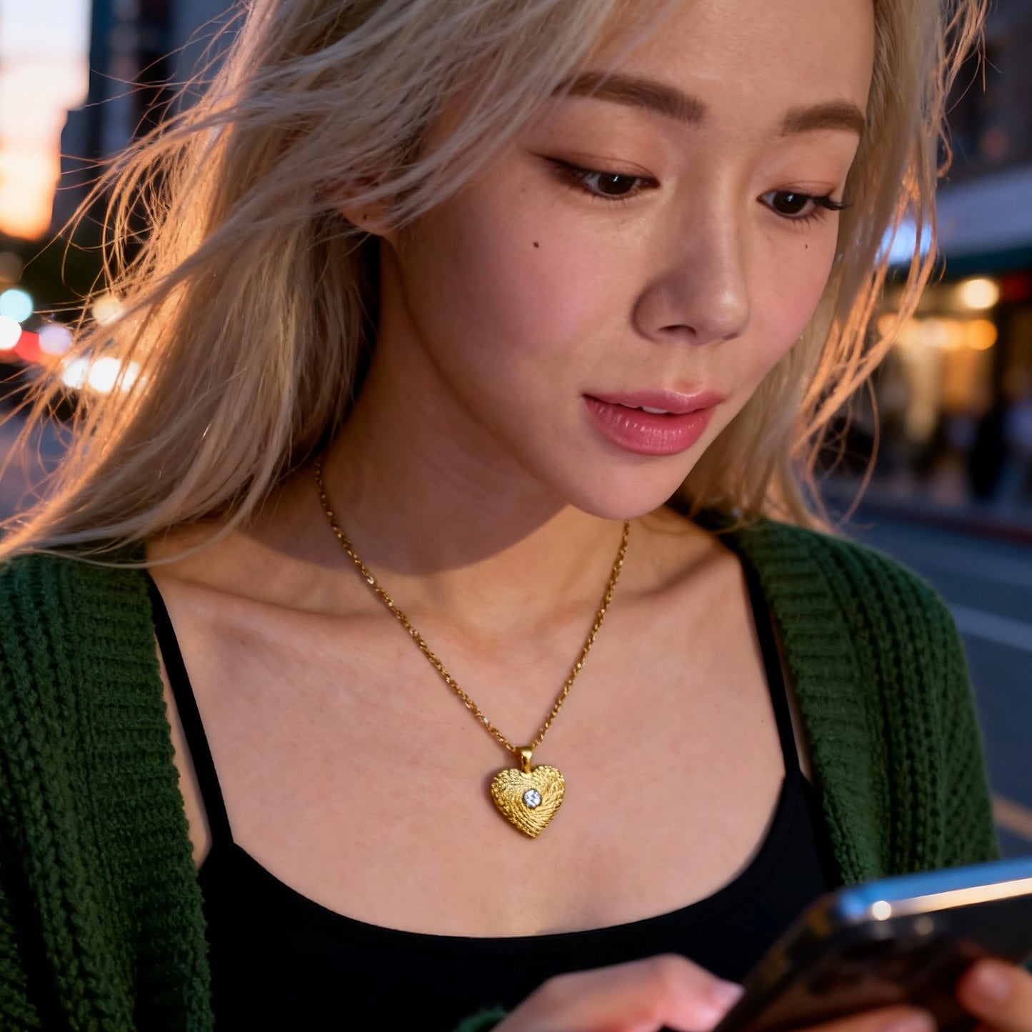 Gold Heart Textured Pendant Necklace