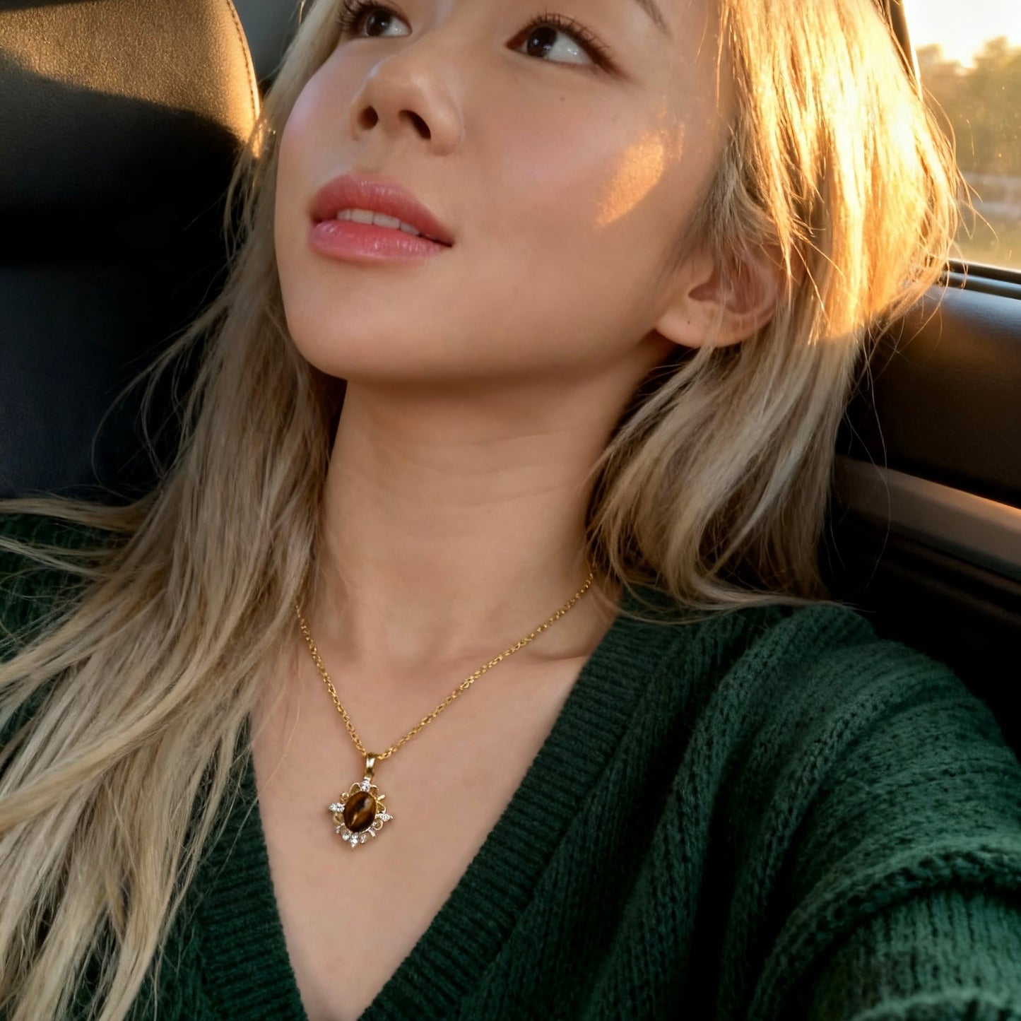 Vintage Floral Tiger Eye Pendant Necklace