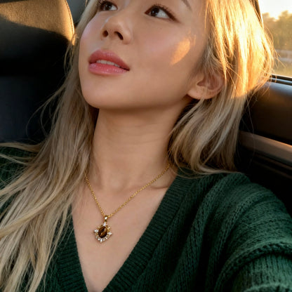 Vintage Floral Tiger Eye Pendant Necklace