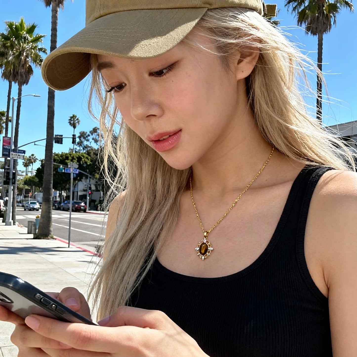 Vintage Floral Tiger Eye Pendant Necklace