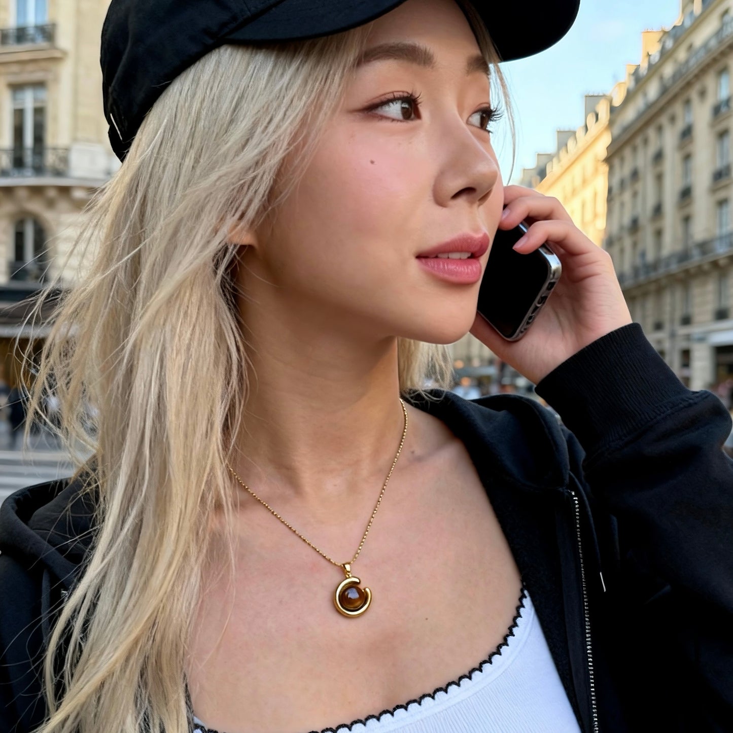 Tiger Eye C-Shaped Pendant Necklace