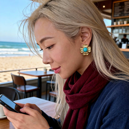 Gold Turquoise Flower Studs
