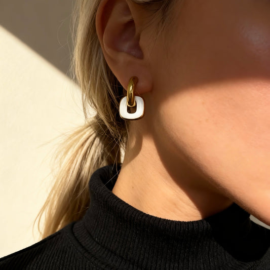 Gold & White Linked Hoop Earrings