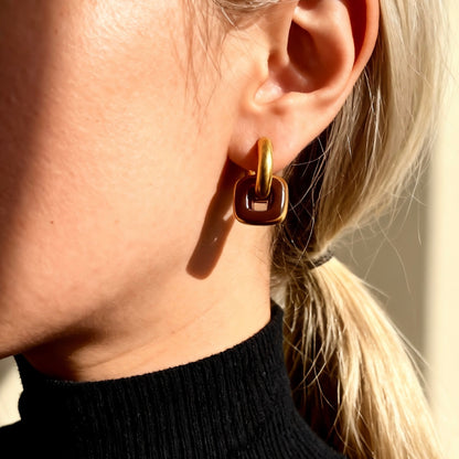 Gold & Red Brown Linked Hoop Earrings