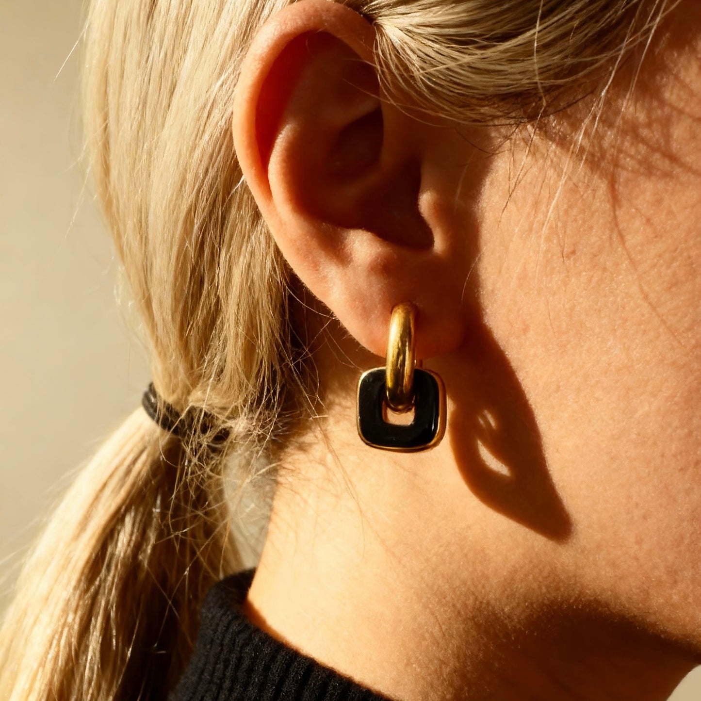 Gold & Black Linked Hoop Earrings
