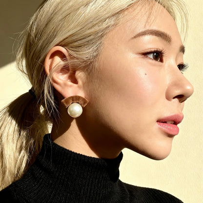 Brown Velvet Pearl Stud Earrings