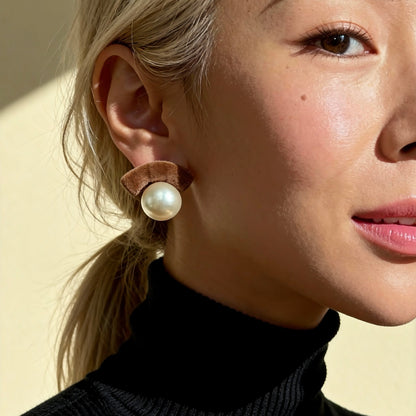 Brown Velvet Pearl Stud Earrings
